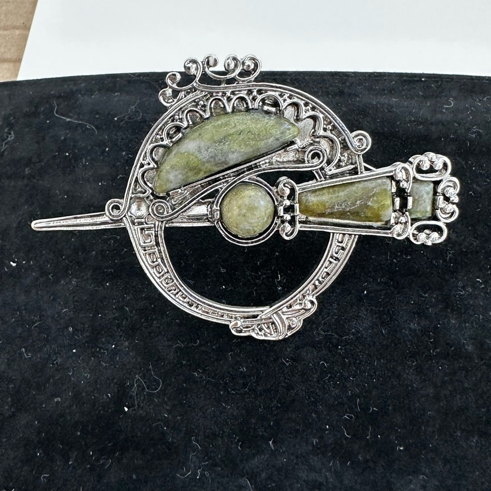 Vintage Brooch Silver with green stones 31/2” across